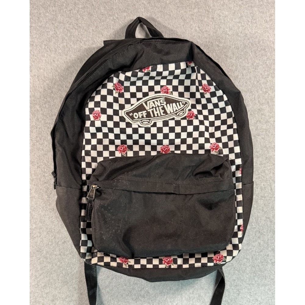 VANS Off the Wall Black & White Checkered W/ Pink Roses Backpack